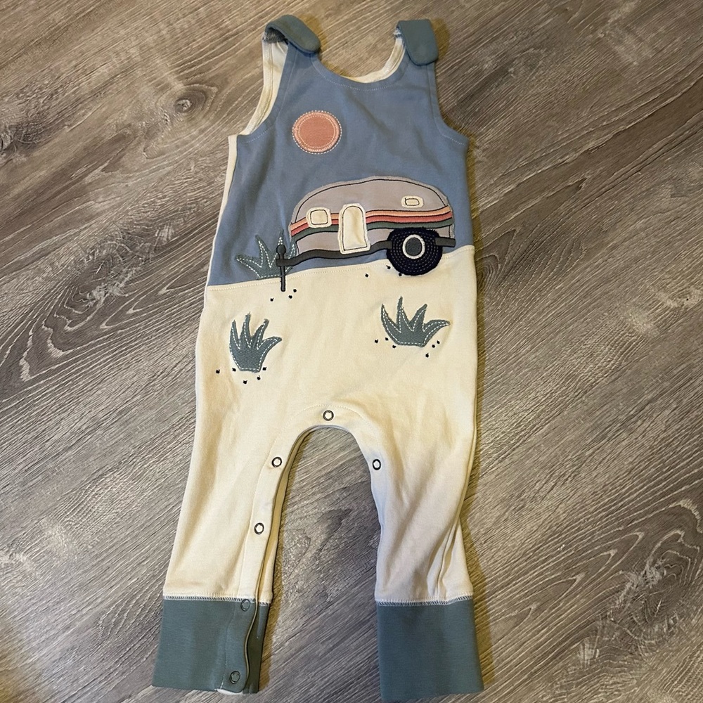 L'ovedbaby Boutique Blue and Cream Camper Romper